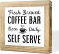 Vintage Coffee Bar Signs Fresh Brewed Coffee Bar Open Daily Self Serve Farmhouse Cafe Sign Wall Decor for Kitchen Home Office Rustic Coffees Style Decor Square Wood cafe Art 5.9x5.9 Inch