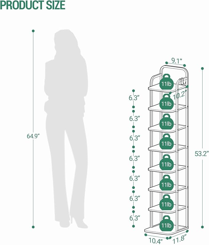 8 Tiers Vertical Shoe Rack, Narrow Shoe Tower, Tall Shoes Shelf with 2 Hooks, Adjustable Shelves, Corner Shoes Shelves for Small Spaces, Entryway, Living Room, White Gold SR04313A