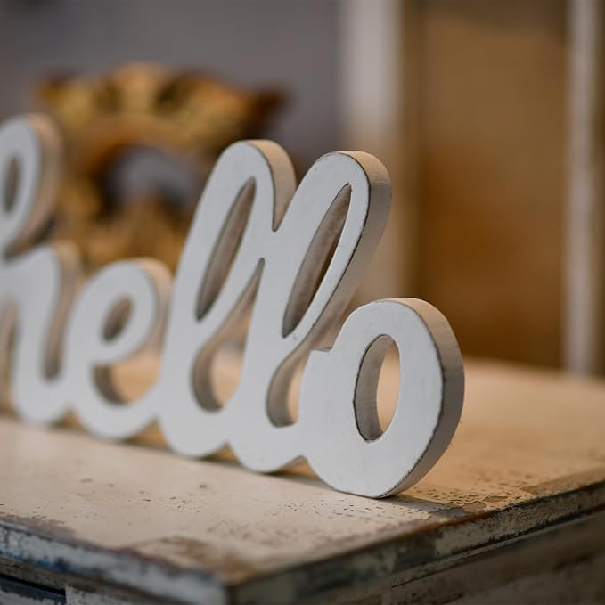 Rustic Distressed White Wooden Hello Sign for Home Decor 14