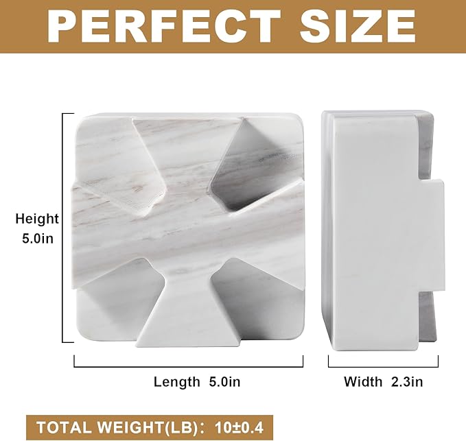 Decorative Square Marble Bookends for Heavy Books – Unique Book Ends for Shelves – Modern Aesthetic Book Holder/Stopper with Non-Slip Pads for Chic Home, Office, or Library Decor, Volakas