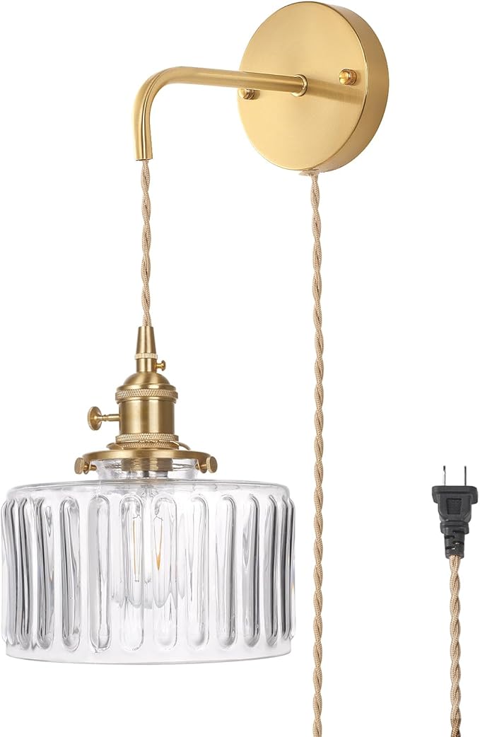 Vintage Wall Sconce Wall Lamp with Clear Striped Glass Shade Hanging Wall Sconce with 4.9FT Plug in Cord, Modern Wall Lamp Fixtures Decor for Bedside Bedroom Indoor Doorway