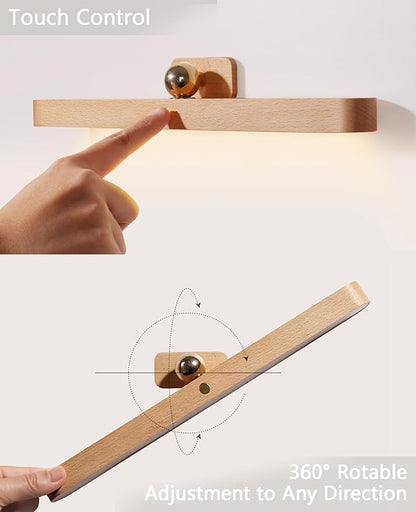 Chilvane Wall Lights for Bedroom Battery Operated Wall Sconce Lamp Vanity Light Magnetic Aesthetic Wooden Big Capacity 2000mah Pack 2 Wireless Rechargeable Wall Lights for Living Room,Beech Wood