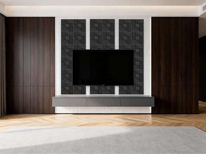 WoveN SounD Artisan Acoustic Wall Panels, 16 Pack 12x12 Inch, Wood Veneer Carved Sound Proof Wall Decor, Self-Adhesive for Home, Studio, Office & Focus Zones, Metre, Black Oak