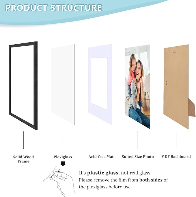8x10 Picture Frame, Black Wood Photo Frame 5x7 with Mat or 8x10 without Mat with Perspex Glass for Vertical or Horizontal Tabletop Wall Display for Photos, Birthday Christmas Gift, Set of 4