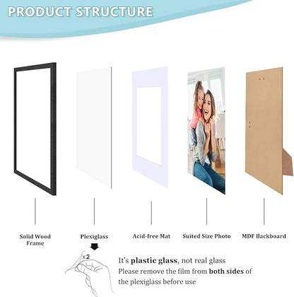8x10 Picture Frame, Black Wood Photo Frame 5x7 with Mat or 8x10 without Mat with Perspex Glass for Vertical or Horizontal Tabletop Wall Display for Photos, Birthday Christmas Gift, Set of 4