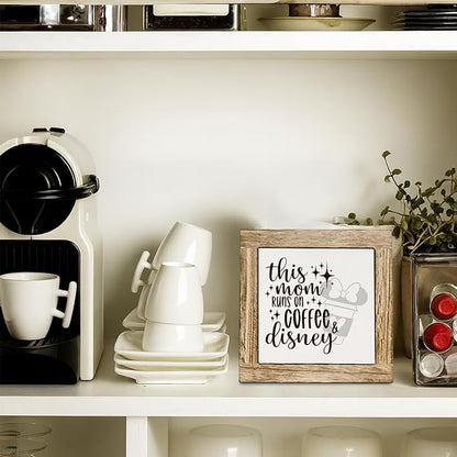 Coffee Bar Wooden Decor Sign, This Mom Runs on Coffee Sign, Farmhouse Cafe Signs for Kitchen Decorations, Rustic Wooden Cafe Decorative Signs 5.9X5.9 Inches