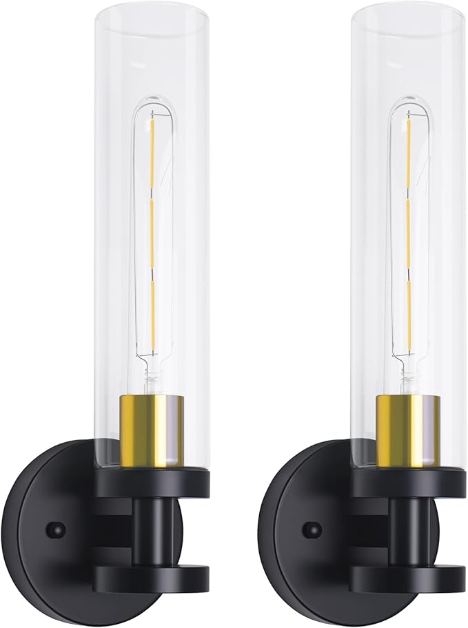 Wall Sconces Set of Two, Bathroom Sconces with Clear Glass, Hardwired Sconces Wall Decor Set of 2, Modern Wall Lights for Living Room Mirror Bedroom Hallway Kitchen (Gold and Black)