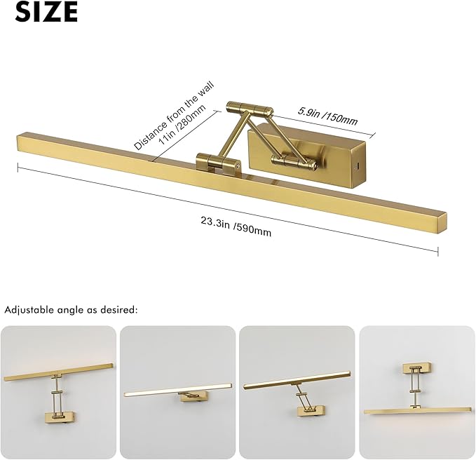 5W LED Wireless Picture Lights with Remote and Timer 23.6'' Inch Rechargeable Brass Gallery Lighting Battery Operated Art Lights Over Frame Portrait