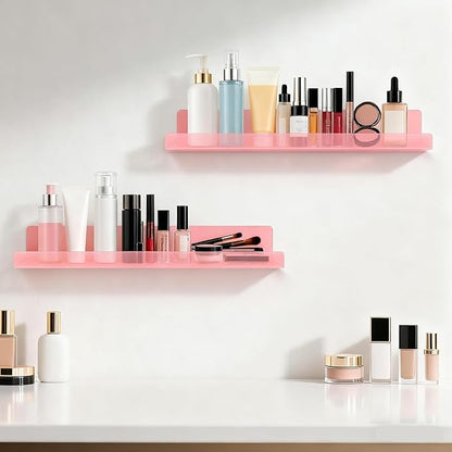 Dezzer 4 Pack Acrylic Shelves for Wall, 15" Acrylic Floating Shelves for Bathroom Bedroom, Invisible Bookshelf Wall Ledge Storage Shelf Books Perfume Toys Action Figure Display Shelves, Pink