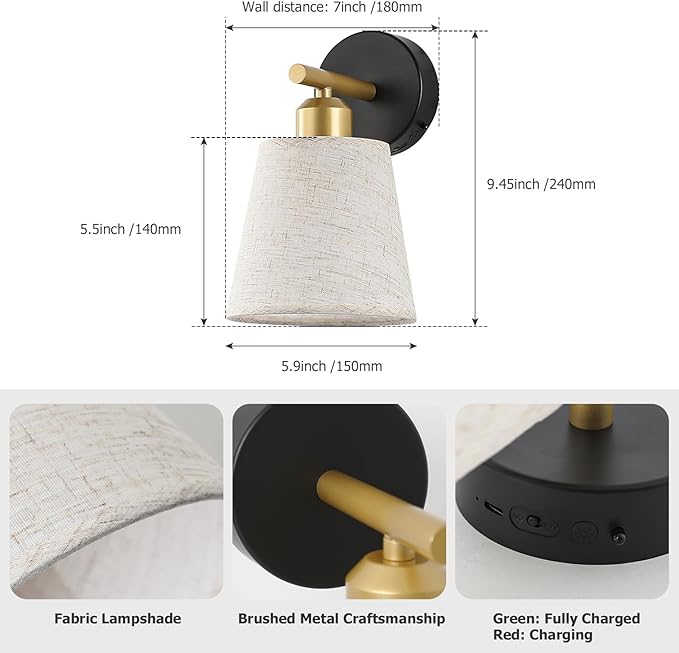 JOOSENLUX Battery Operated Wall Sconce Set of 2 with Fabric Shade – Rechargeable Cordless Wall Lamps, Remote Control, Dimmable LED, Black and Gold, Modern Decorative Accent Light