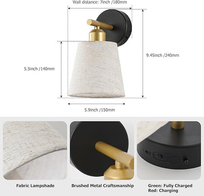 JOOSENLUX Battery Operated Wall Sconce Set of 2 with Fabric Shade – Rechargeable Cordless Wall Lamps, Remote Control, Dimmable LED, Black and Gold, Modern Decorative Accent Light