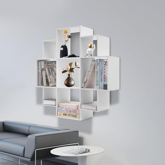 3-Tiers Wall Mounted Geometric Bookshelf, Morden Irregular Nine-Grid Bookshelf, 90cm Tall Decorative Display Shelf (White)