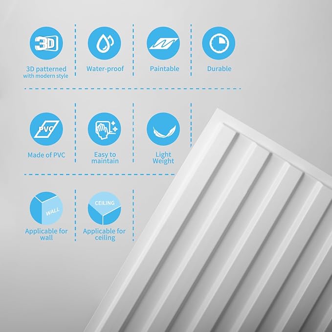 Art3d 6-Pack Slat Design 3D Wall Panels for Interior Wall Decor, 2x4 FT PVC Decorative Drop Ceiling Tiles - White