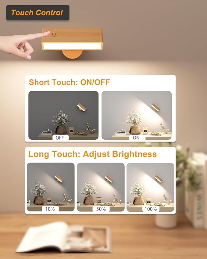 Battery Operated Wall Sconces Set of 2,Rechargeable Wall Lights Wood,Stick On Wall Lights for Bedroom,Wall Mounted Bedside Reading Lamps Dimmable,Battery Powered Wall Lamp for Bedroom