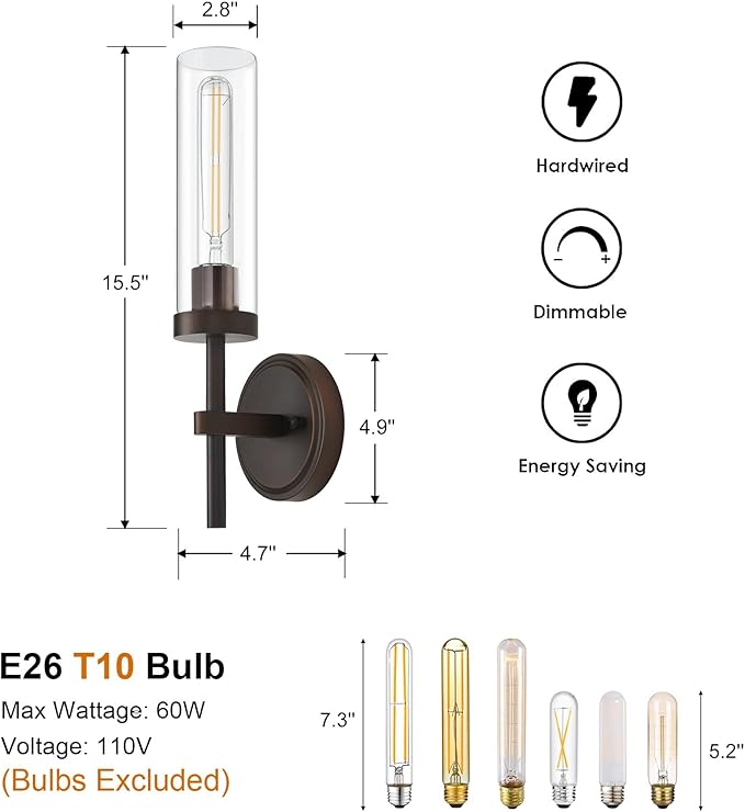 Oil Rubbed Bronze Wall Sconces Set of Two, Bathroom Wall Sconces Vanity Lights with Clear Glass Shade, Modern Farmhouse Wall Mount Lights for Mirror Bedroom Living Room Stairwell Hallway
