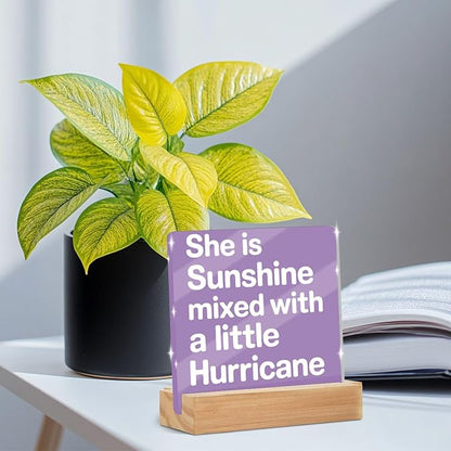 She Is Sunshine Mixed with a Little Hurricane Acrylic Sign，Funny Acrylic Office Desk Accessories Decor, Purple Inspirational Desk Decor for Dorm Home Bedroom，Gifts for Women Coworkers Friends Family