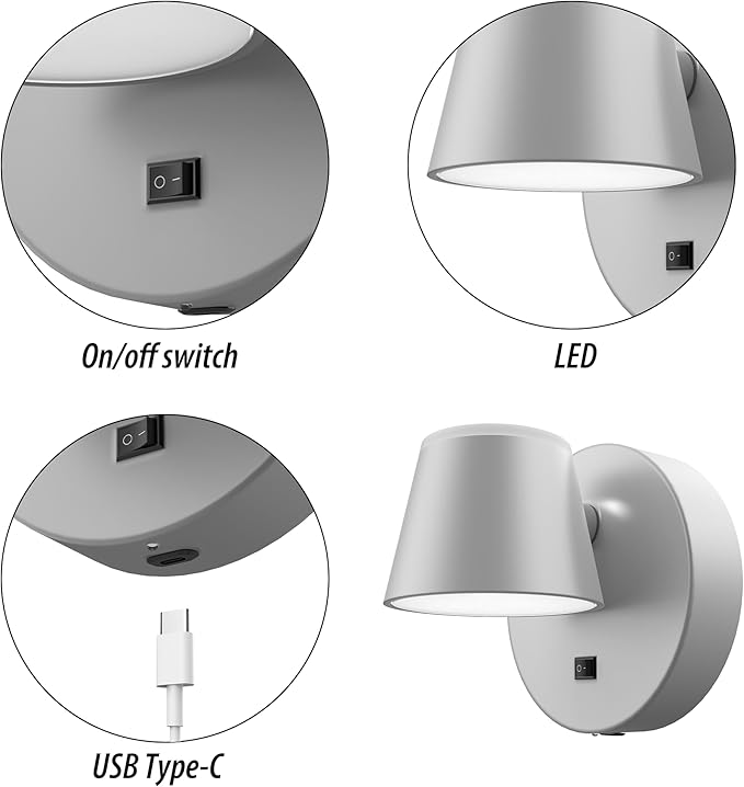 URSOLA Battery Operated Wall Lights Set of Two, LED Rechargeable Battery Wall Sconce with 9000mAh 3CCT and Dimmable Magnetic 360° Rotation Cordless Light for Bedroom（Grey）