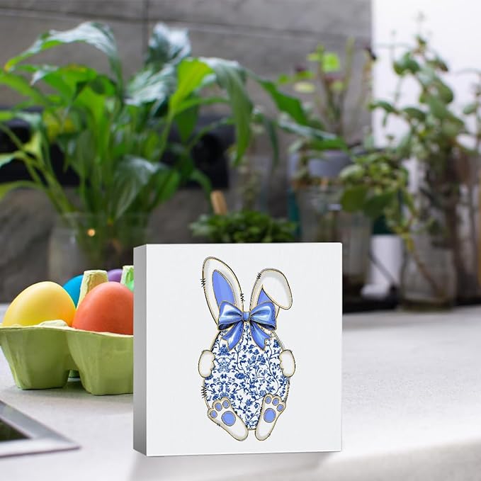 Funny Easter Decorations Easter Table Decor Egg Bunny Decor Blue And White Chinoiserie Decor Wooden Box Sign for Home Office Bedroom Living Room Desk Shelves