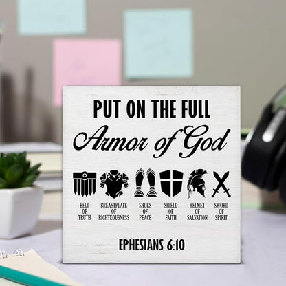 Put on the Full Armor of God Sign Christian Desk Decor Farmhouse Ephesians 6:10 Christian Wooden Sign Decorations for Home Office Desk Shelf Table 5 x 5 Inches, Religious Gifts for Women Men