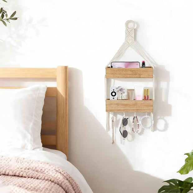 Mkono Macrame Hanging Shelf for Bedside Shelf Organizer with Hooks, Boho Wall Decor Cute Wood Floating Shelves for Girls Bedroom Dorm Nursery, Wall Storage for Phone, Remote, Earphone, Accessories