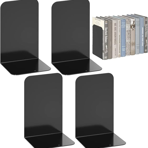 VFINE Metal Bookends 2 Pairs, Black Book Ends, Bookends for Shelves, Book Stopper for Heavy Books, Book Dividers for Home Office School Supplies