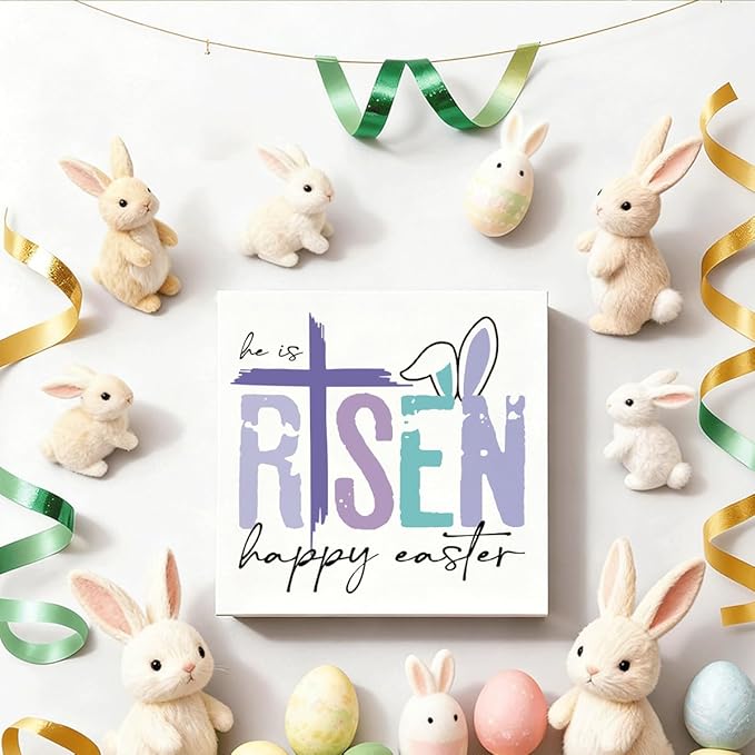 Christian Easter Decor He Is Risen Wooden Sign, Religious Cross Bunny Happy Easter Design, Easters Front Door Decorations for Home, Farmhouse Wall Hanging Spring Decor
