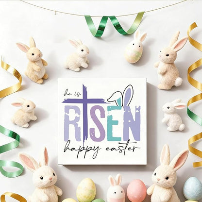Christian Easter Decor He Is Risen Wooden Sign, Religious Cross Bunny Happy Easter Design, Easters Front Door Decorations for Home, Farmhouse Wall Hanging Spring Decor