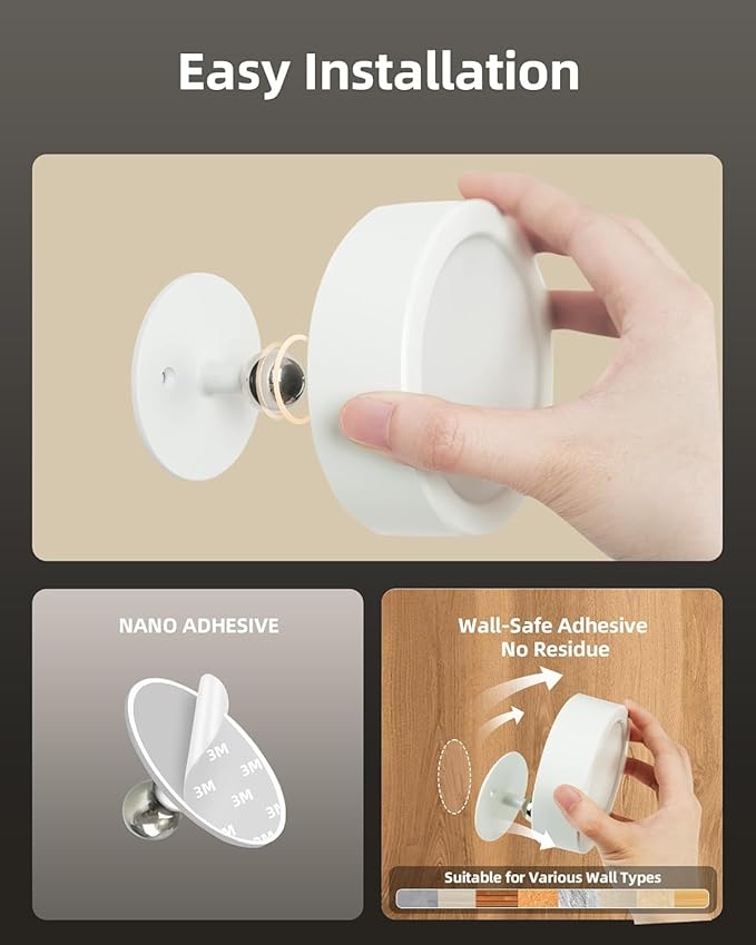 EZVALO LED Wall Mounted Light, 3000mAh Rechargeable Cordless Wall Sconce, 3 Color Temperatures, Dimmable with Remote & Touch Control, 360° Rotatable for Bedroom, Bedside, Reading, Study (White)