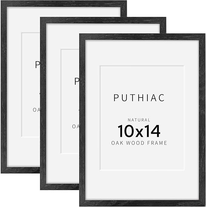 puthiac 10x14 Solid Oak Wood Picture Frame, Fits 8x10 with Mat or 10x14 Without Mat, Wall Display Only, Vertical or Horizontal, Plexi Front, 3 Pack, Black