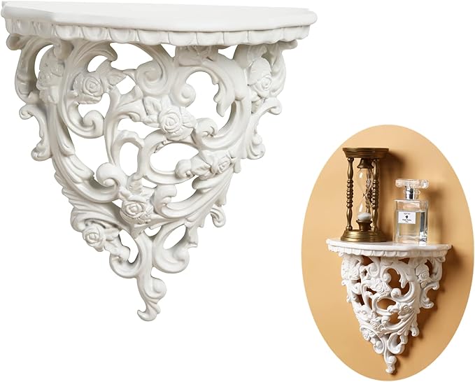 Z metnal Small Victorian Decorative Floating Shelves, Wall Mounted Decor Shelves, Classic Wall Display Organizer, Retro Hollow Carving Art Ornament Rack, Baroque Style Decorative Stand, White, Resin