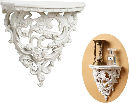 Z metnal Small Victorian Decorative Floating Shelves, Wall Mounted Decor Shelves, Classic Wall Display Organizer, Retro Hollow Carving Art Ornament Rack, Baroque Style Decorative Stand, White, Resin