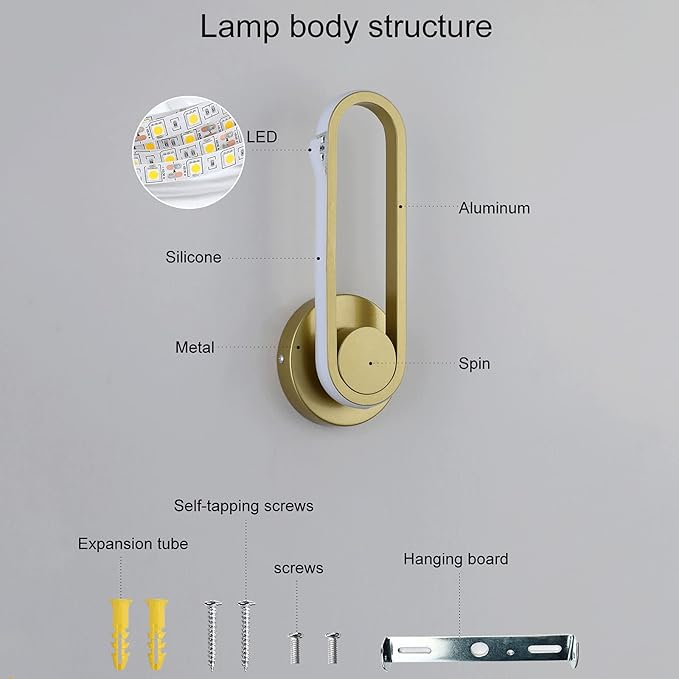Modern 12W LED Wall Lighting Fixture 330° Rotatable Wall Lamps Modern Minimalist Creative Black Acrylic Wall Sconces for Bedroom, Living Room Balcony Kitchen Hallway
