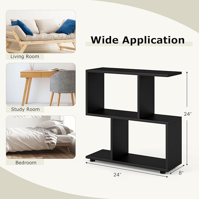 LOKO 3-Tier Geometric Bookshelf Set of 2, S-Shaped Open Bookcase, Freestanding Decorative Storage Shelving, Home Storage Organizer for Living Room, Bedroom, Home Office (2, Black)