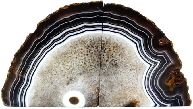 JIC Gem Black Agate Bookend(s) geode bookends Large Book Ends for Shelves 1 Pair 6 to 8 Lbs Book Ends to Hold Books Heavy Duty from Brazilian with Rubber Bumpers for Office and Home Decoration