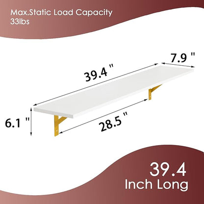 DINZI LVJ Long Wall Shelves, Set of 4, 39.4Inch Wall Mounted Shelves, Floating Shelves for Wall Storage with Metal Brackets, for Living Room, Bathroom, Bedroom, Kitchen, White and Gold