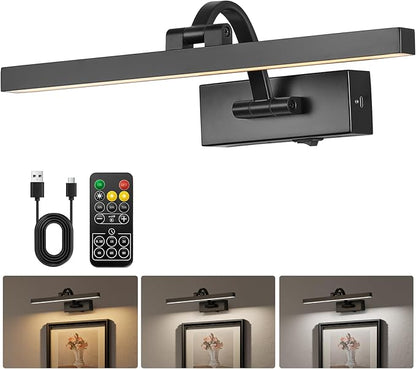 LED Wireless Picture Light with Remote Control,USB Rechargeable Battery Powered Art Lamps,Dimmable,270° Rotate,Timing,15.5 Inch Black Wall Lights for Paintings,Picture Frame,Gallery