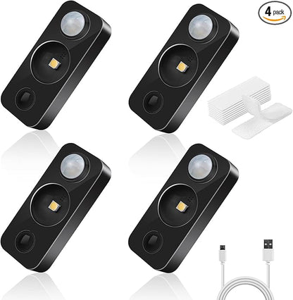LED Motion Sensor Puck Lights, Rechargeable Cabinet Lights, Stick on Wireless LED Night Light for Closet, Drawer, Shelf, Under Cabinet, Warm White 4Pack, USB Charging Cord Included