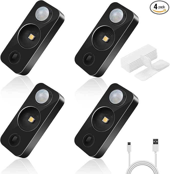 LED Motion Sensor Puck Lights, Rechargeable Cabinet Lights, Stick on Wireless LED Night Light for Closet, Drawer, Shelf, Under Cabinet, Daylight White 4Pack, USB Charging Cord Included