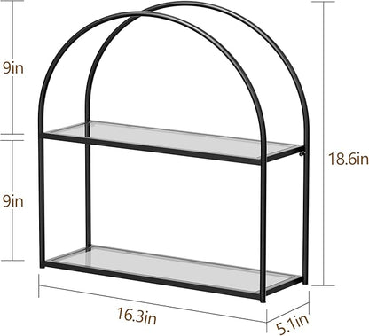 Crofy Black Arched Frame Wall Shelf, Decorative 2 Tier Bathroom Wall Shelf with Transparent Tempered Glass Shelves and Robust Storage Capacity, 5.1" D x 16.3" W x 18.6" H