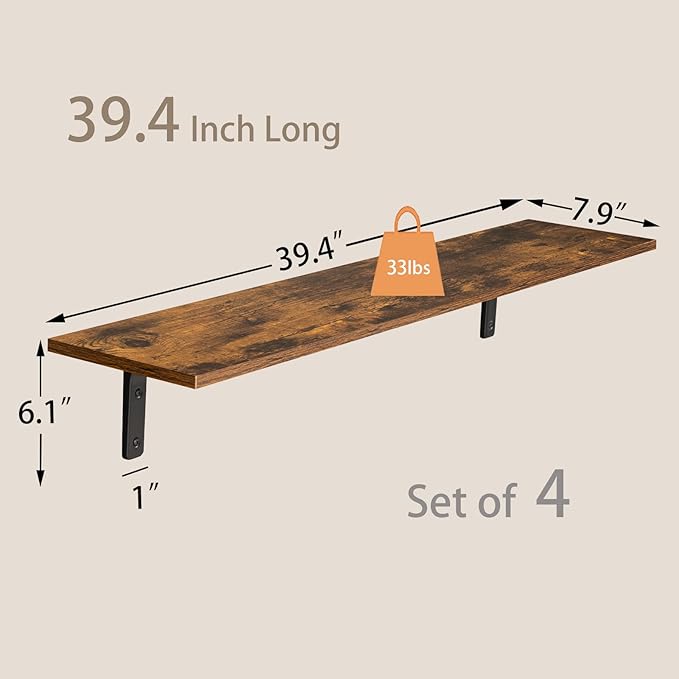 DINZI LVJ Long Wall Shelves, 39.4Inch Wall Mounted Shelves Set of 4, Extra Large Floating Storage Ledges with Sturdy Metal Brackets for Living Room, Bathroom, Bedroom, Kitchen, Rustic Brown