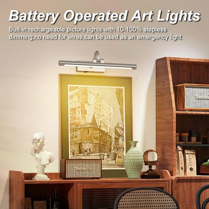 Aipsun 15.7" Nickel Picture Lights for Wall Rechargeable,10000mAh LED Battery Operated Art Light for Paintings,3CCT Dimmable, Rotatable Gallery Light for Pictures Display(Brushed Nickel)