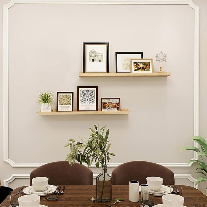 36inch Floating Picture Ledge Shelves 2-Pack, Oak Wall Mounted Shelves with Lip for Nursery, Kids Room, Living Room & Bedroom, Sturdy Floating Book Shelves for Photo Frames & Decor