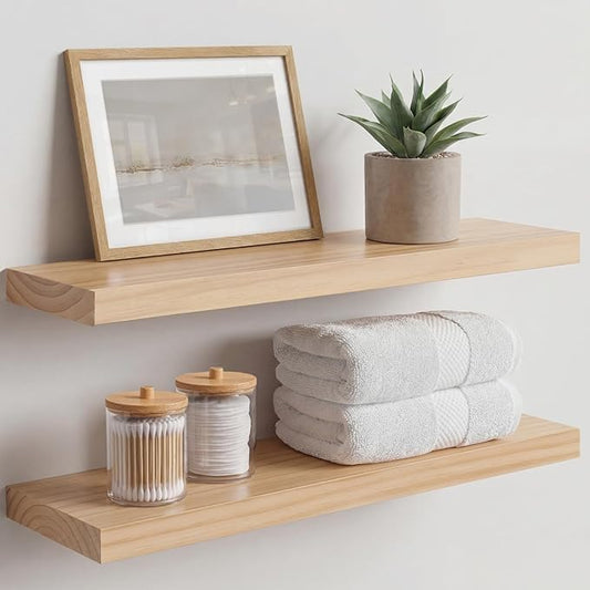 Homeforia 24 inch Natural Floating Shelf, High End Solid Real Wood 24inch Small Floating Shelves for Wall Mounted, Natural Wooden Floating Shelves, Heavy Duty Bracket, 24 X 6.5 X 1.75 in, Set of 2