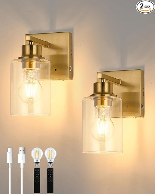 Rechargeable Wall Sconce, Gold Battery Operated Wall Sconce Set of 2 with Timer Function, Easy Install Dimmable Wireless Wall Lamps for Living Room, Bedroom, Hallway, Entryway Decor 3000K