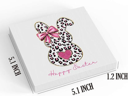 Pink Happy Easter Sign Easter Table Decor Leopard Print Bunny Decor Blue And White Chinoiserie Decor Wooden Box Sign for Home Office Bedroom Living Room Desk Shelves