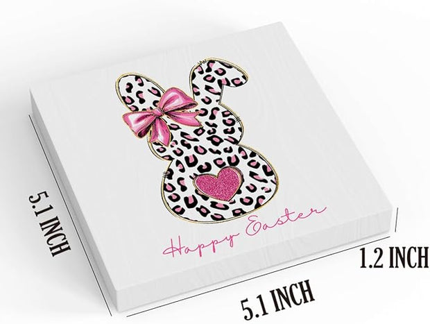 Pink Happy Easter Sign Easter Table Decor Leopard Print Bunny Decor Blue And White Chinoiserie Decor Wooden Box Sign for Home Office Bedroom Living Room Desk Shelves