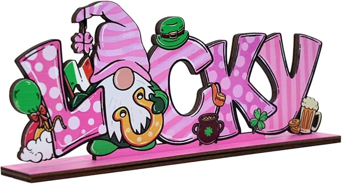 St Patricks Day Decor for Table Irish Lucky Decoration Leprechaun Wooden Centerpieces Rustic Farmhouse Sign for Tabletop Home Shelf Office St Patricks Day Party Decoration Pink