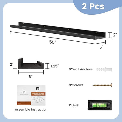Picture Ledge Shelf, Floating Shelves Set of 2, Solid Ash Wood 56'' Long Large Nursery Book Shelves for Toys Storage, Kids Bookshelf for Living Room Bedroom Decor Books Photo Frames, Black