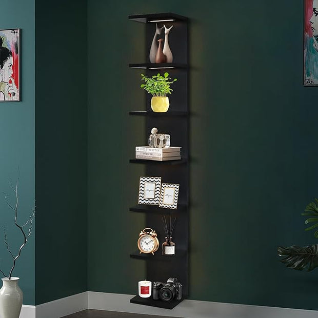 7-Tier Wall Shelf with 3 LED Lighting Modes, Multifunctional Wall Mounted Vertical Lack Shelf with Remote Control for Bedroom Living Room Vanity, Black