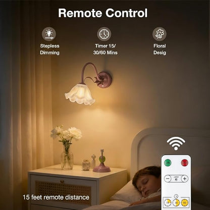 Battery Operated Cordless Flower Wall Sconce Set of 2 (Pink), Stepless Dimming Magnetic Wireless Wall Lamp, 5200mAh Rechargeable Battery, for Living Room Bedroom Hallway Corridor